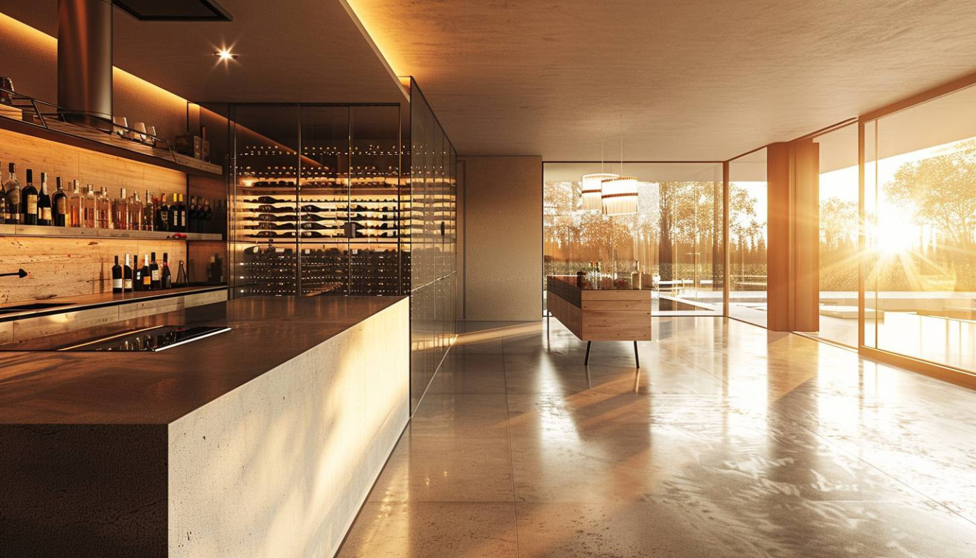 Intégration harmonieuse d'une cave à vin vitrée dans les aménagements de cuisine moderne